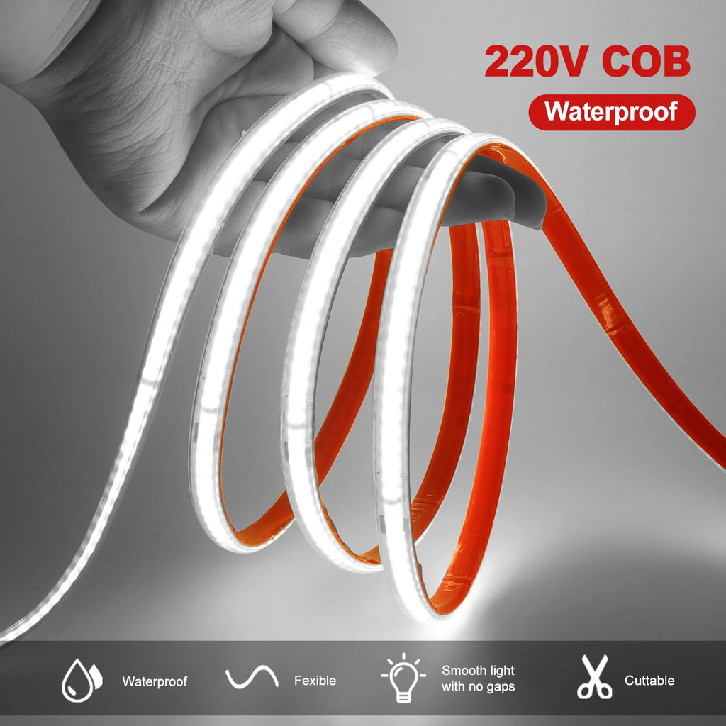 AC 220V COB Strip IP65 Waterproof 10CM Cut 240Leds/M 3000K 4000K 6000K Home Decor Flexible Ribbon Rope Tape LED Light