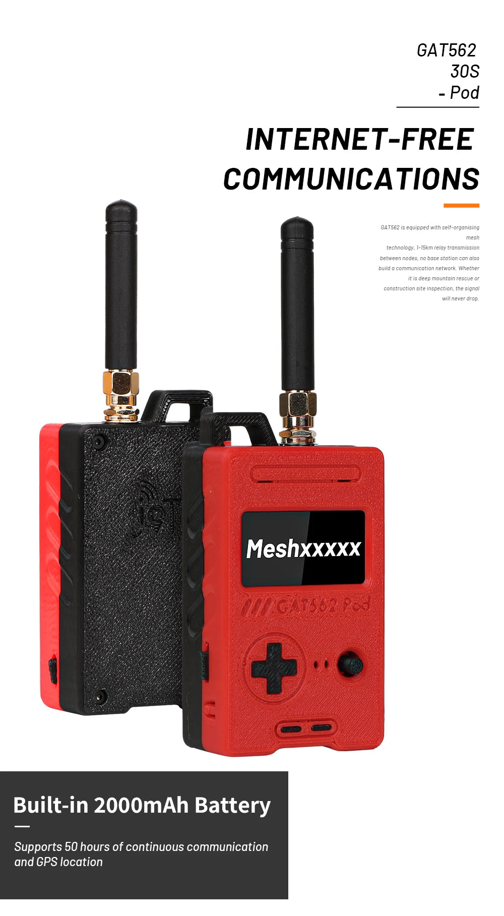 GAT562 30S Pod 30dBm Mesh Radio Node With NRF52840 SX162 GPS LoRa Meshtastic Wireless Device for Meshcore 2000mAh Battery