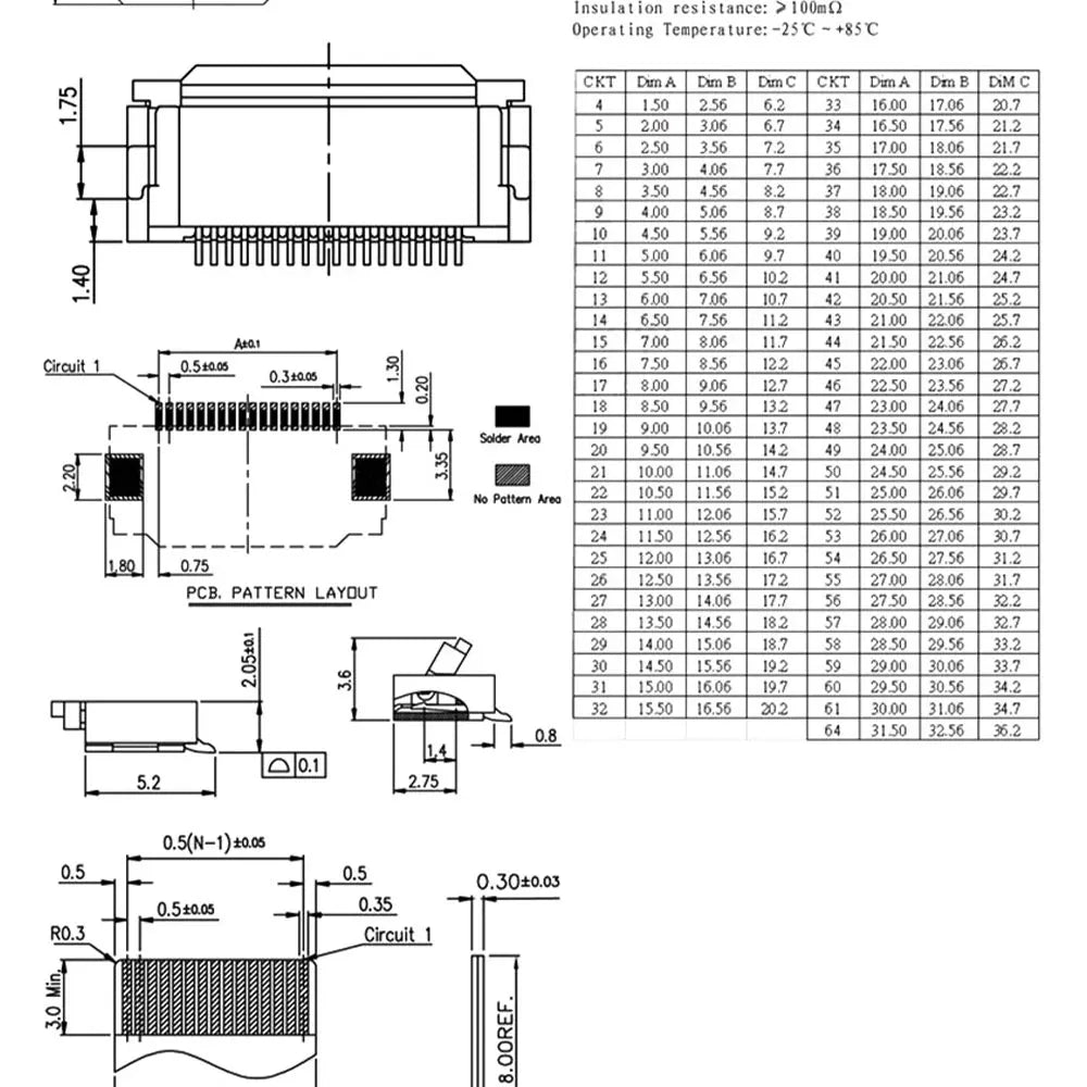 10pcs 4P 5P 6P 8P 10P 12P 14P 16P 20P 22P 24P 30P 34P 0.5mm/1mm Pitch Under Clamshell Socket FPC FFC Flat Cable Connector