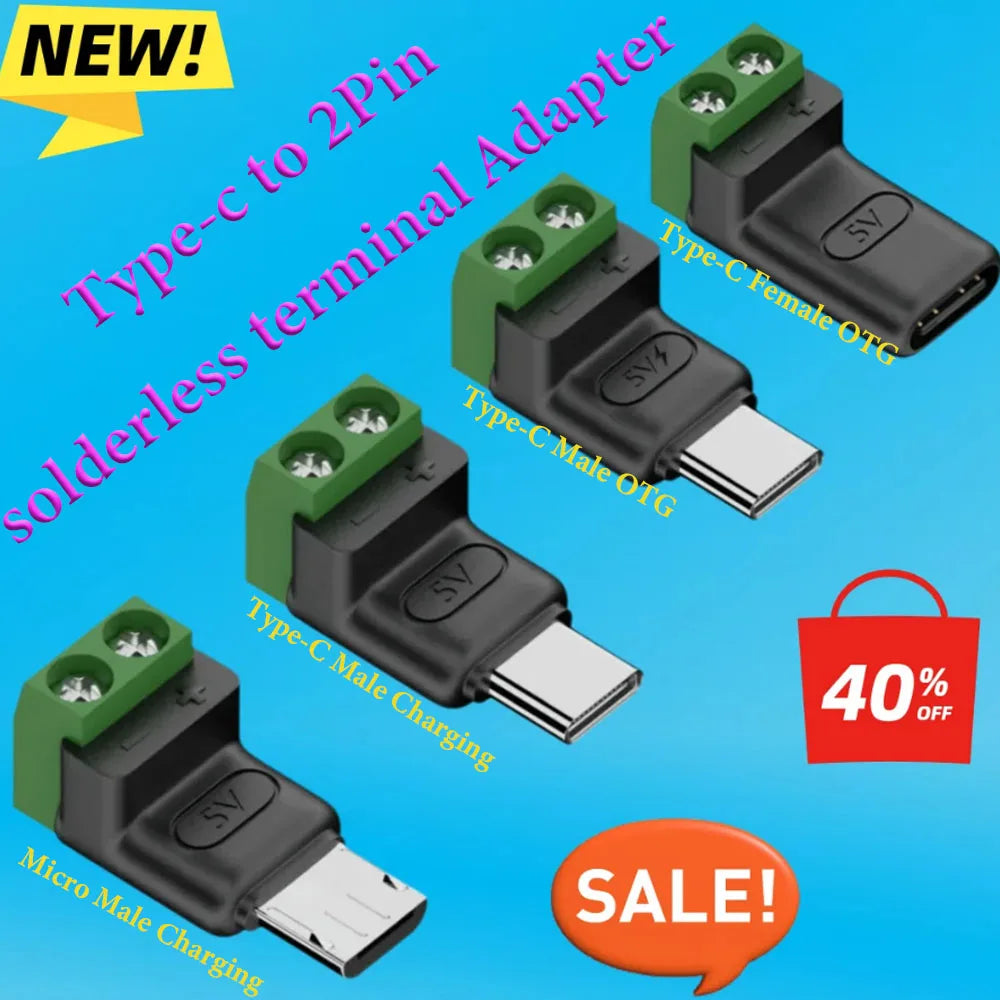 1Pcs 2Pin Type-C Adapter Quick Connection Head Type C Male Female Micro USB 5V To 2 Pin No Solder Green Terminal Adapter