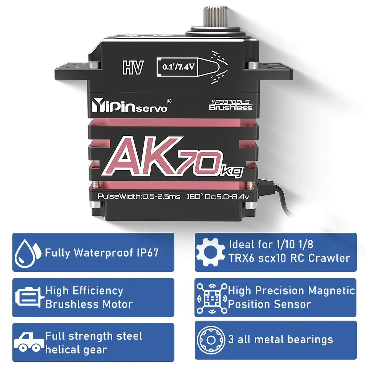 YIPIN Magnetic Coding Servo AK70 High Torque Full Metal Digital Servo 7.4V 70kg Brushless Motor IP67 180 Degree for RC Car Robot