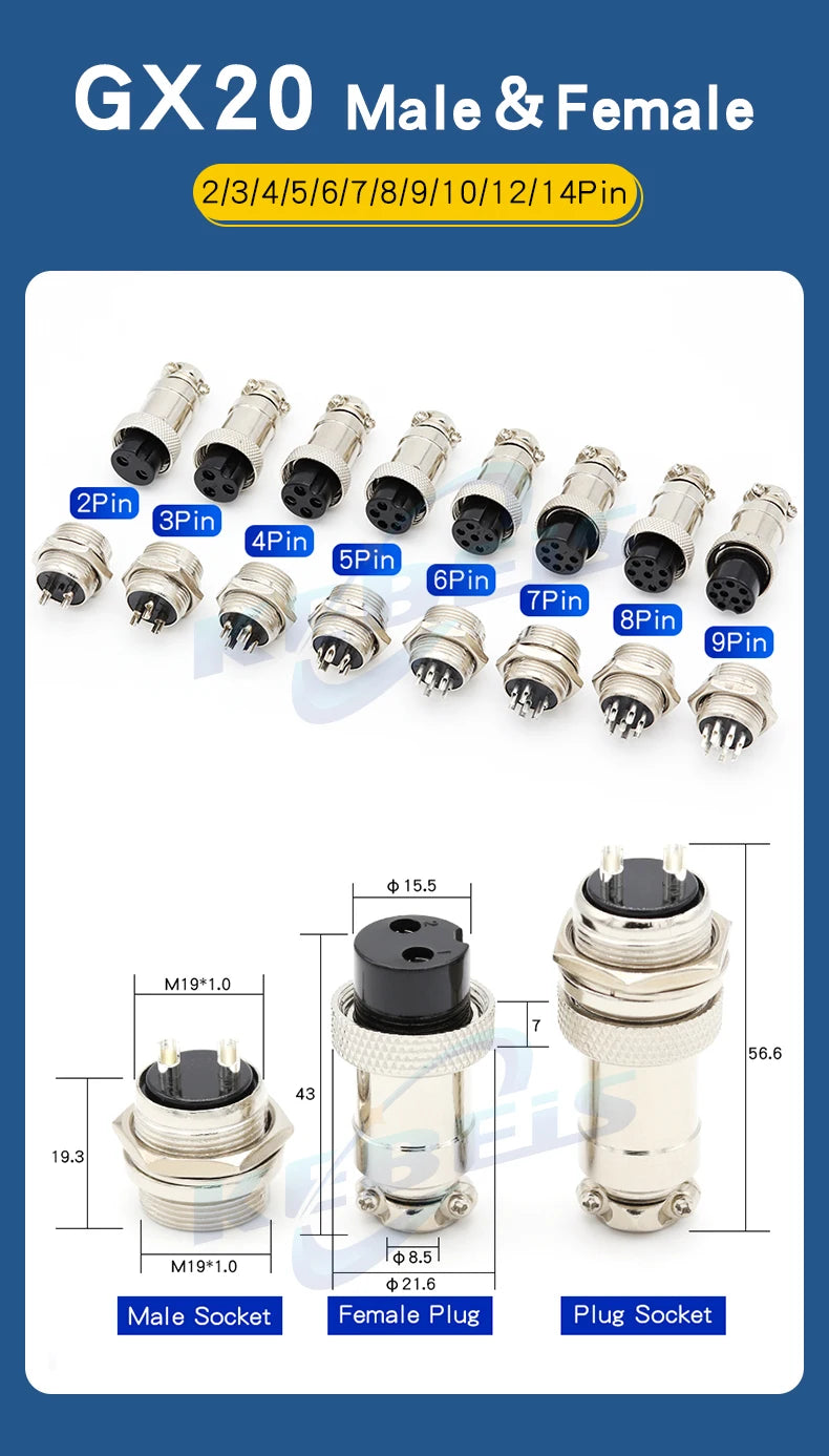2Set GX12 GX16 GX20 2/3/4/5/6/7/8/9/10 Pin Male Female Butting Wire Cable Circular Aviation Socket Plug Panel Connector