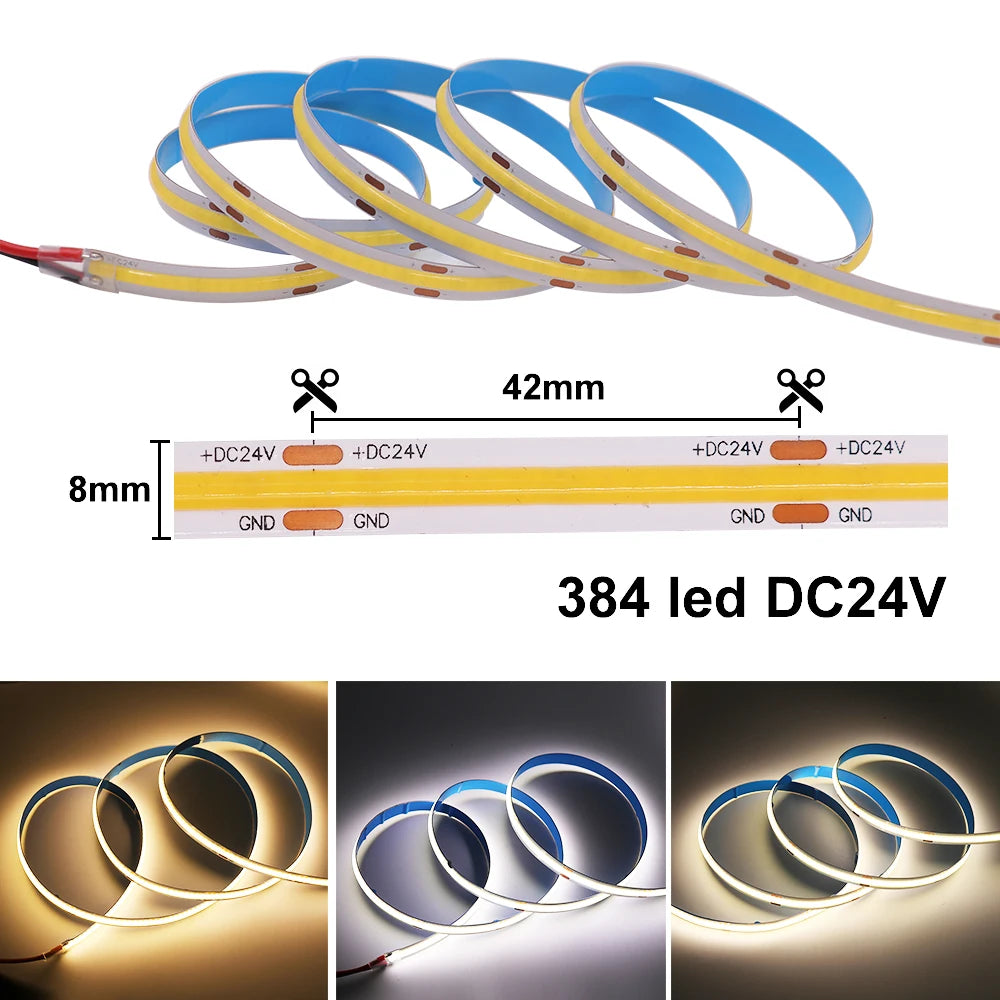 DC 5V 12V 24V COB LED Strip 320 384 480 528LEDs/m High Density Flexible COB LED Tape Light Bar 3MM 5MM 8MM PCB Linear Light