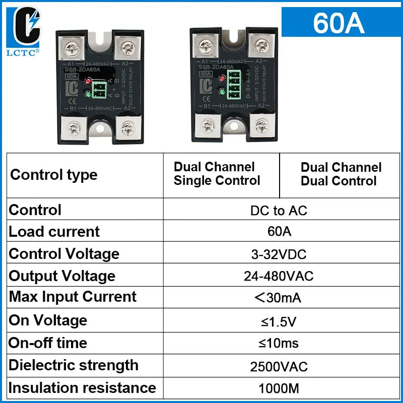 LCTC Solid State Relay SSR 10A 25A 40A DC To AC Single Phase Dual Channel Single Control Or Dual Channel Dual Contro 24-480VAC