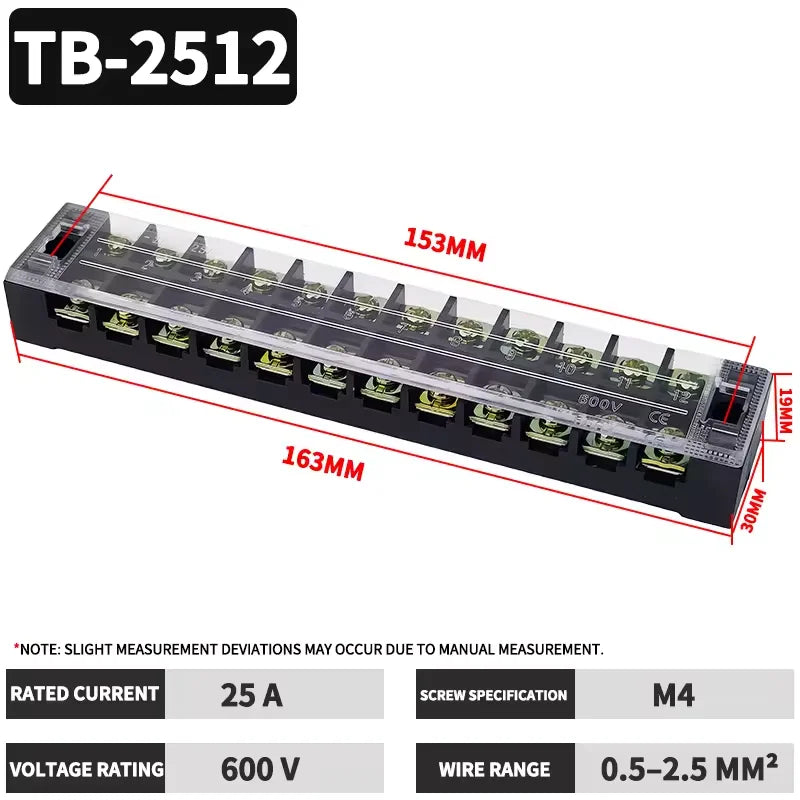 TB1503 TB2503 TB4512 Screw Terminal Block Barrier Strip 15A 25A 45A Wire Connector with Flame Retardant PC Cover for DIN Rail