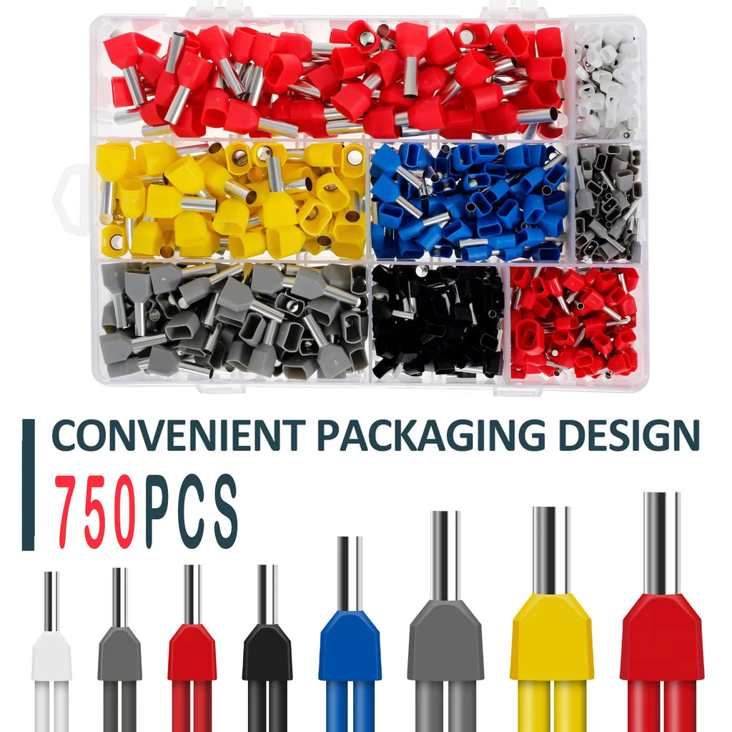 750PCS Double Wire End Ferrules Kit Multipurpose Reliable Twin Wire End Ferrules with Box Easy to Utilize for Cable Connecting