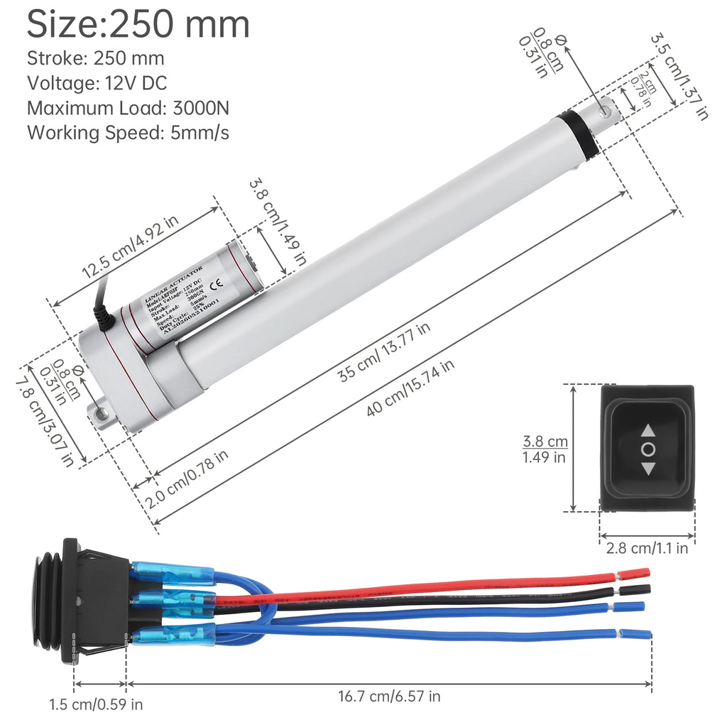 12V Electric Linear Actuator 50/100/150/200/250/300/350/400mm Stroke 3000N Electric Reciprocating Lifting Linear Motion Actuator