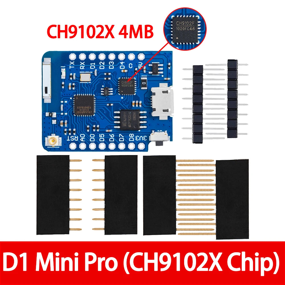 1PC ESP8266 Module for WeMos D1 Mini Pro – NodeMCU Board with 4M/16M Flash, CP2104 & External Antenna (for Arduino-Compatible)