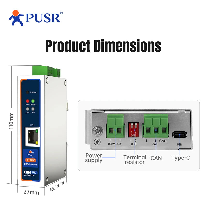 PUSR CANFD Protocol Converter CANFD to Ethernet CANFD to RS485 RS232 Modbus RTU to Modbus TCP USR-CAN315/316
