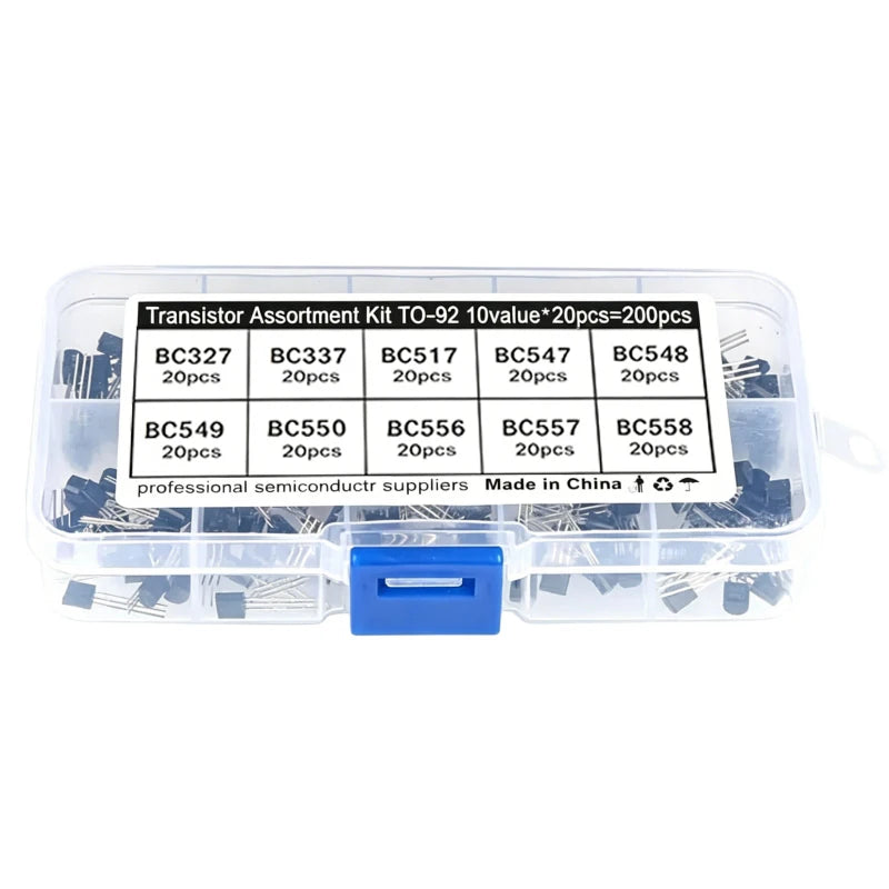10Value 200PCS Transistor Assortment Kit S8050 S8550 2N2222 2N2907 BC337 BC327 BC517 BC556 2N3904 2N3906 A1015 C1815 Wit Box