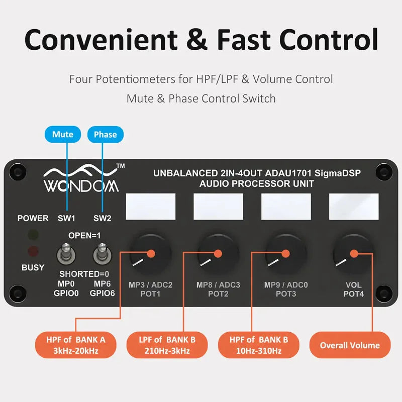 ADAU1701 2.1 4.0 DSP Digital Signal Processing Preamp 2-in 4-out Tone Board Digital Crossover Adjustment With Sigmastudio