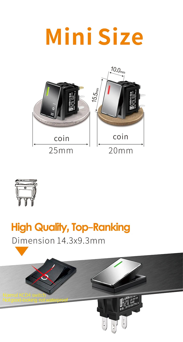 LANBOO 14mm*9mm Series 7Amp High Current Rocker Switch ON-OFF-ON 2/3Position 4/6Pin KCD1  With Red/Green Light  12V24V220V