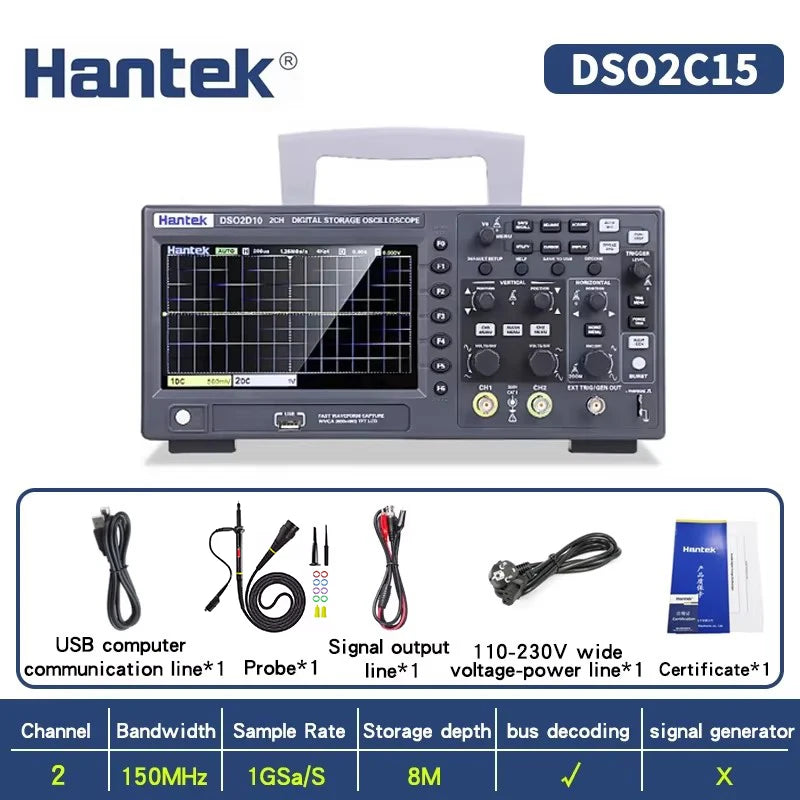 Hantek DSO2C10 DSO2C15 DSO2D10 DSO2D15 2CH Oscilloscope 100/150MHz 1GSa/s 8Mpts FFT UART I2C SPI CAN LIN 25MHz AWG D Models