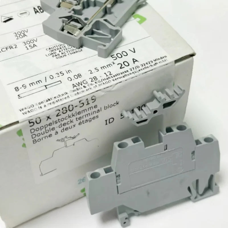 WAGO 280‑519 Double‑Deck DIN Rail Terminal Block 4‑Position 2.5mm² 20A Cage Clamp Spring Connector Gray