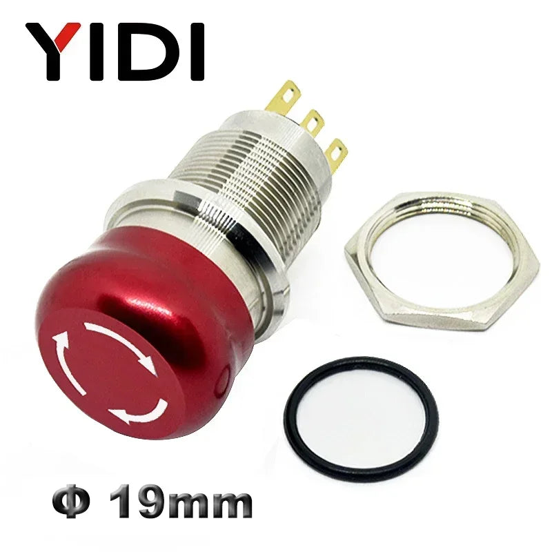 16mm 19mm 22mm Emergency Stop Switch Mushroom Round E-stop Metal Push Button Stop Switch 1NO1NC 2NO2NC Latching Switch On Off