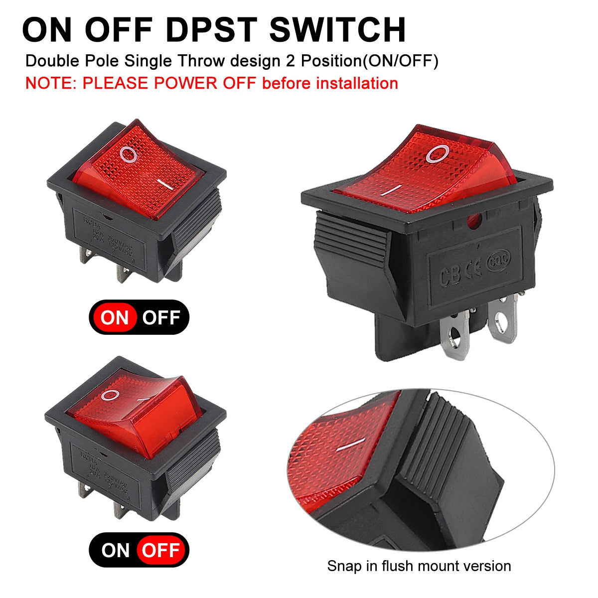 10pcs 15/30A 250V KCD2 KCD4 Rocker Switch DPST 4 Pin Red Lighted 120V Rocker Toggle Switch ON Off Heavy Duty