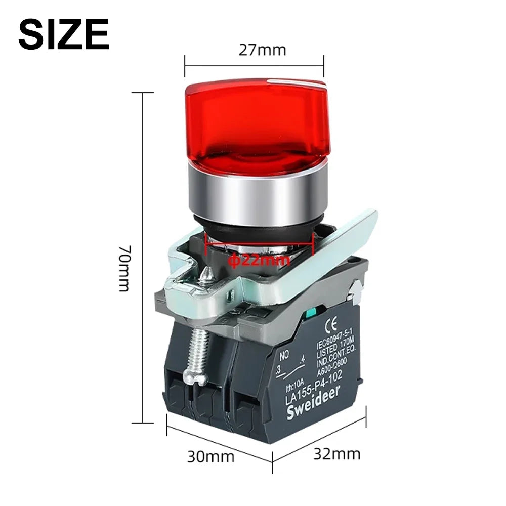 XB4 Knob Switch with Light 22mm 2/3Position Self Locking 1NO/2NO/1NO1NC Select Rotary Switch with LED 12V 24V 220V 10A Red Green
