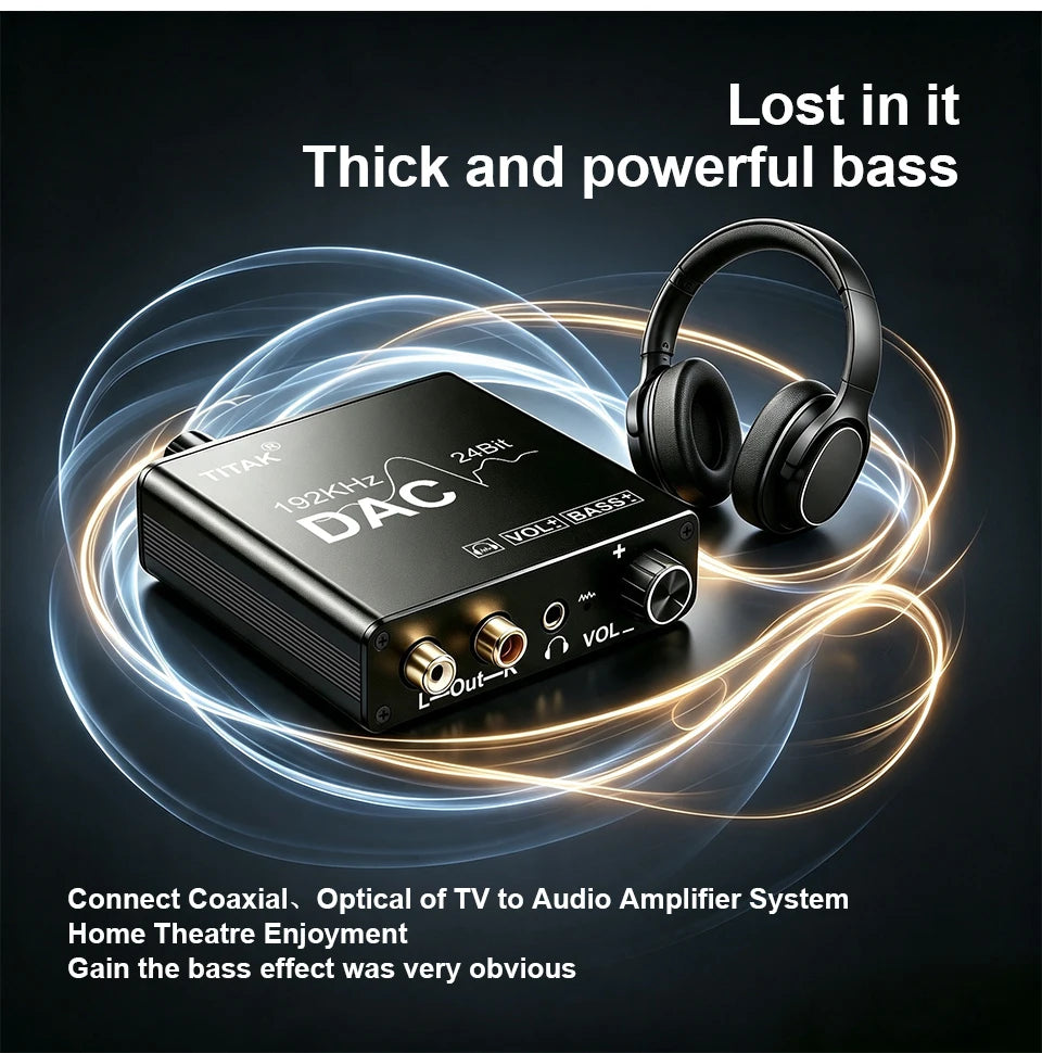 192KHz/24Bit DAC Digital to Analog Audio Converter Digital SPDIF Optical Toslink Coaxial to Analog Stereo L/R RCA and 3.5mm Jack