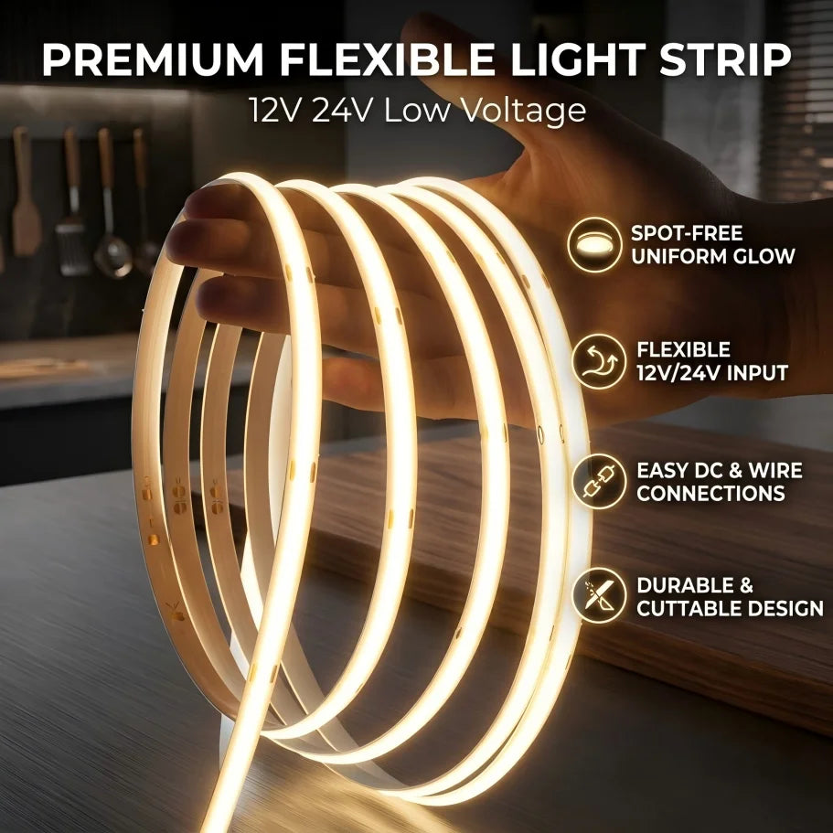 8mm Ultra Thin COB LED Strip DC12V/24V 0.5m-5m Flexible Tape with DC Plug 2pin Wire for Bedroom Living Room Cabinet Party Decor