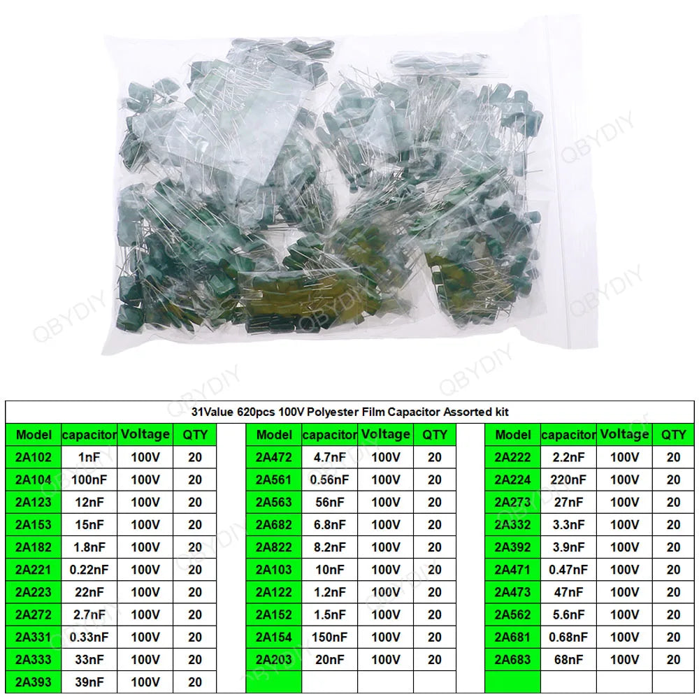 100V-630V Polyester Film Capacitor Assorted kit 2A221 3A471 2A681 2A102 2A222 2A392 2A472 2A682 2A103 2A223 2A333 2A224 2A474