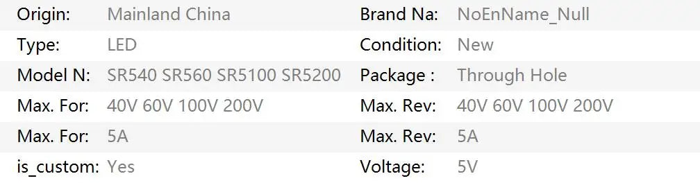 10PCS SR540 SR560 SR5100 SR5200 DO-201AD Schottky Rectifier Diode Rectifier Silicon Bridge Rectifier 40V 60V 100V 200V 5A