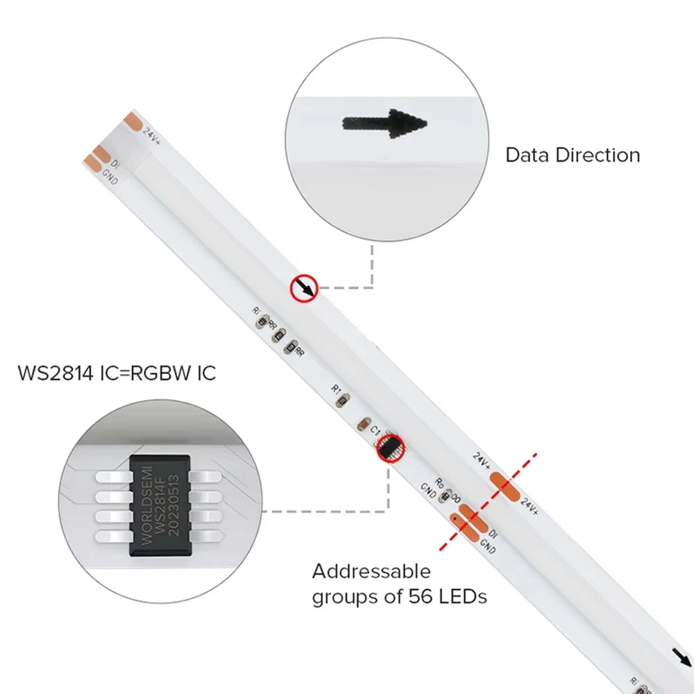 FCOB SPI RGBW IC LED Light Strip WS2814 Addressable 784 LED Dream Color 10mm DC24V SK6812 High Flexible FOB COB Lights RA90 IP30