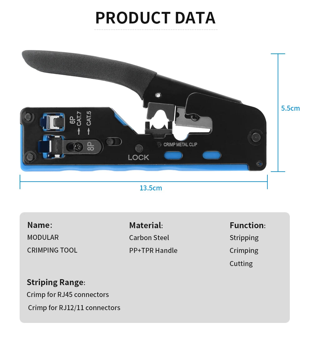RJ45 Crimp Plier Pass Through Crimper Stripper Cutter for Cat7 Cat6 Cat5e 8P8C Modular Connector Ethernet All-in-one Wire Tool