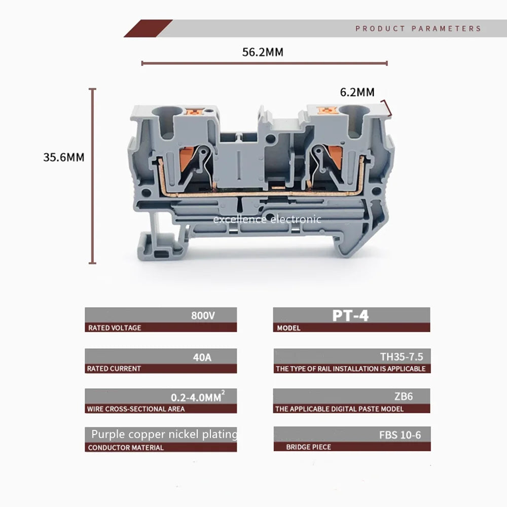 10/100PCS PT4 Push-in DIN Rail Terminal 4mm² Cable Connector Screwless Electrical Connect Terminal Block for Easy Wiring
