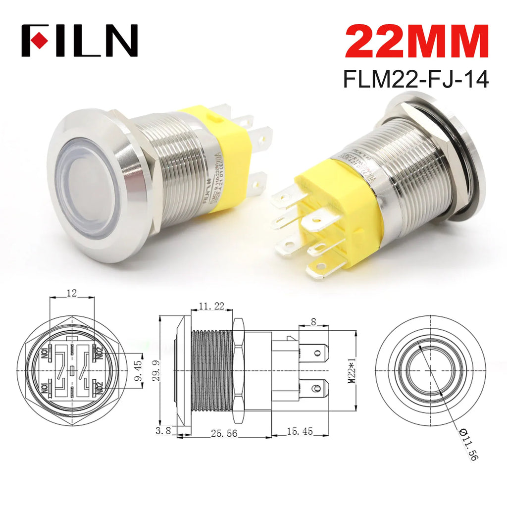 19mm 22mm 20A 12V 24V 110V 220V High Current IP68 Waterproof Flat Ring Round Push Button Switch Metal Stainless Steel 20cm Wire
