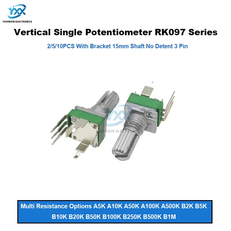 2/5/10PCS RK097 R097 Vertical Precision Potentiometer with Bracket 15mm Handle No Gear 3 Feet A/B10K 2K 5K 50K 100K 250K 1M