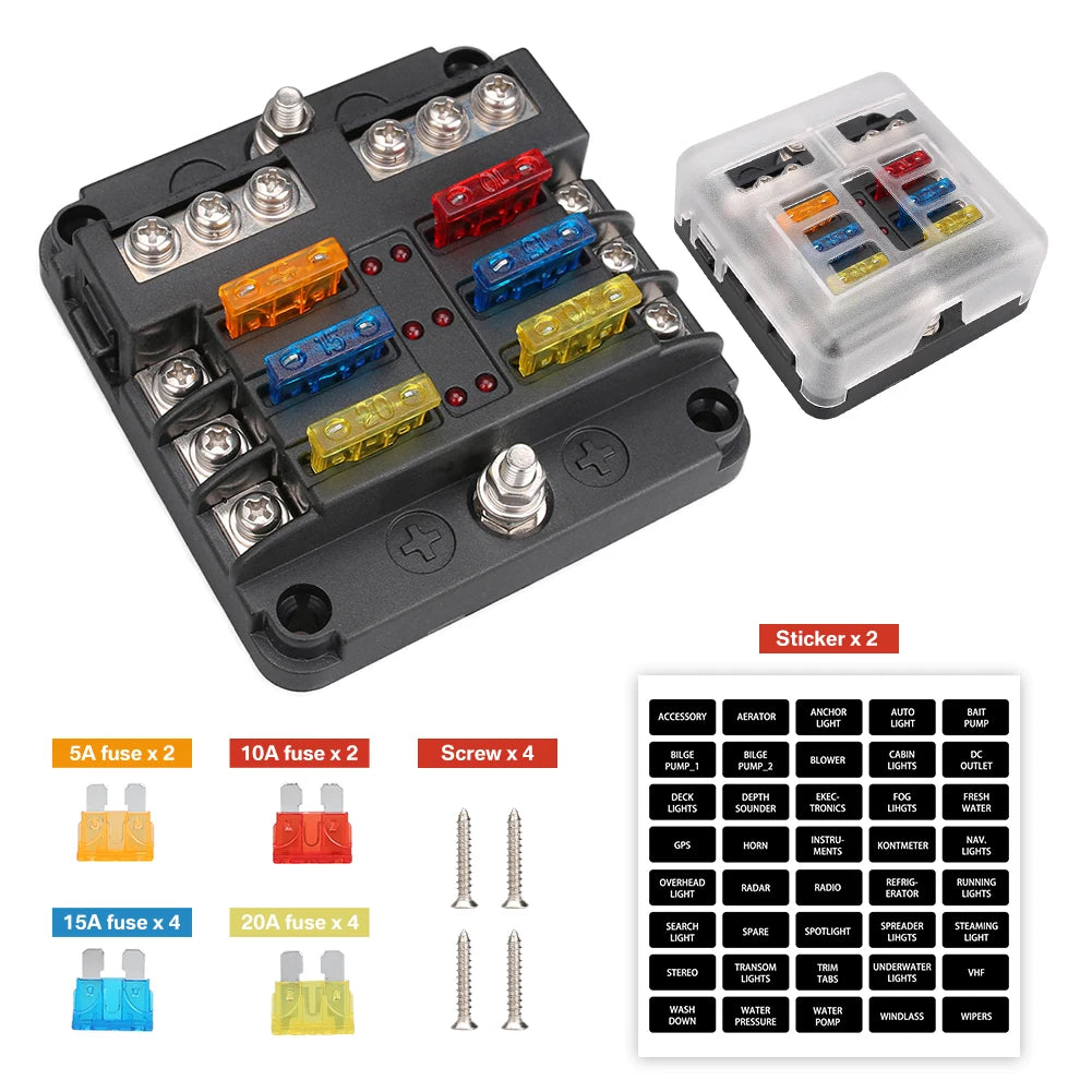 6/12 Way Blade Fuse 12-24V Car Boat Fuse Box Holder With Plastic Cover For Power Panel Board Camper RV Accessorie