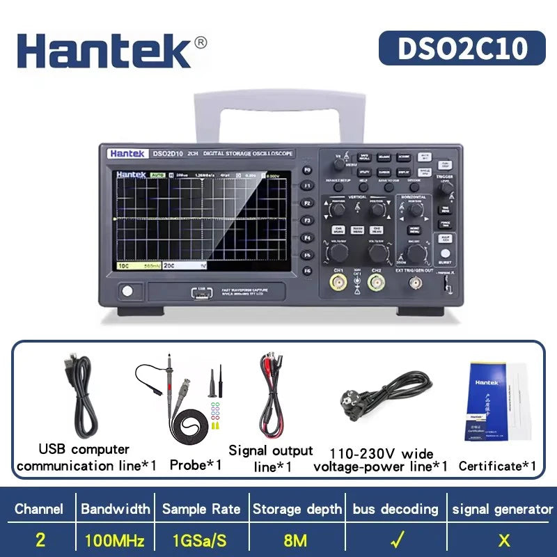 Hantek DSO2C10 DSO2C15 DSO2D10 DSO2D15 2CH Oscilloscope 100/150MHz 1GSa/s 8Mpts FFT UART I2C SPI CAN LIN 25MHz AWG D Models