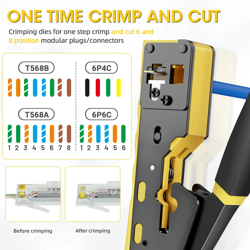 Kebidumei RJ45 Crimp Plier Pass Through Ethernet Modular Plug Crimping Tool for Cat6 Cat5/5e RJ45 Connectors 8P6P RJ11 Connector