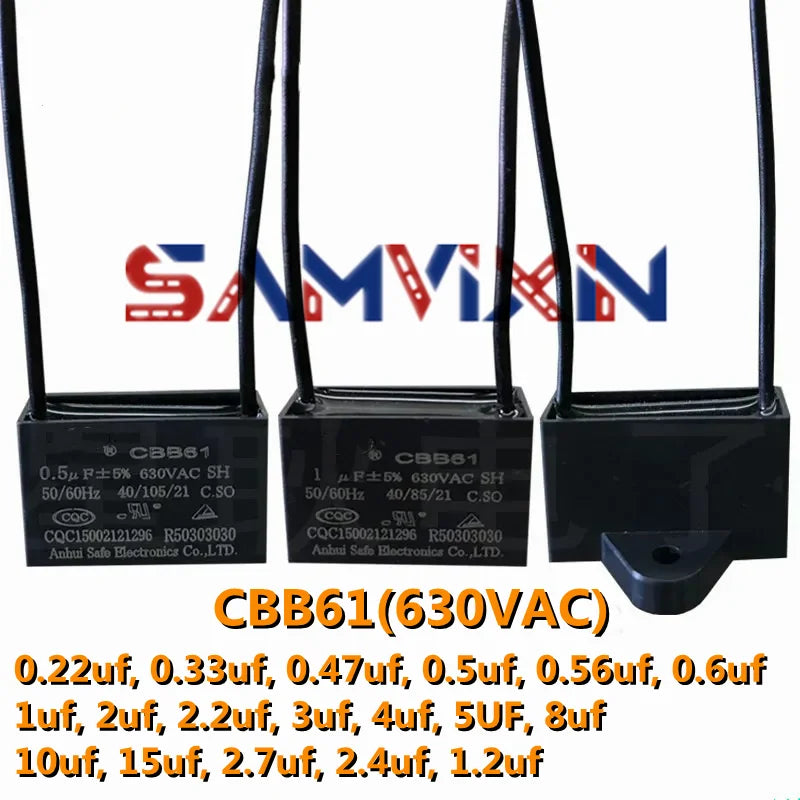 CBB61 fan start capacitor 0.22uf/0.33uf/0.47uf/0.5uf/0.56uf/0.6uf/1uf/2uf/2.2uf/3uf/4uf/5UF/8uf/10uf/15uf/2.7uf/2.4uf/1.2uf 630V