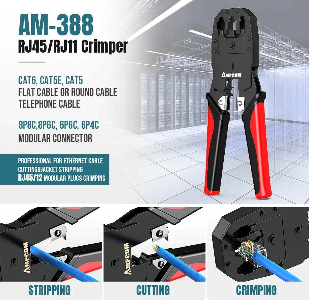 AMPCOM 12 in 1 Network Tool Kit, Professional Portable Ethernet Computer Maintenance LAN Cable Tester Crimper Cutter Repair Se