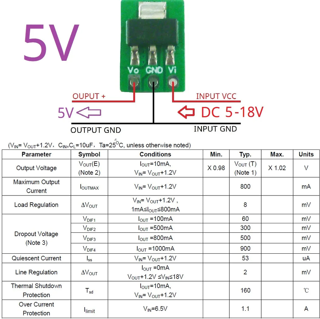 Tiny Out 1A 1.2V 1.8V 2.5V 3.3V 5V 80MV Drop Voltage 60uA Standby Step-Down Buck LDO Module Rep AMS1117 7805 for Arduino ESP32