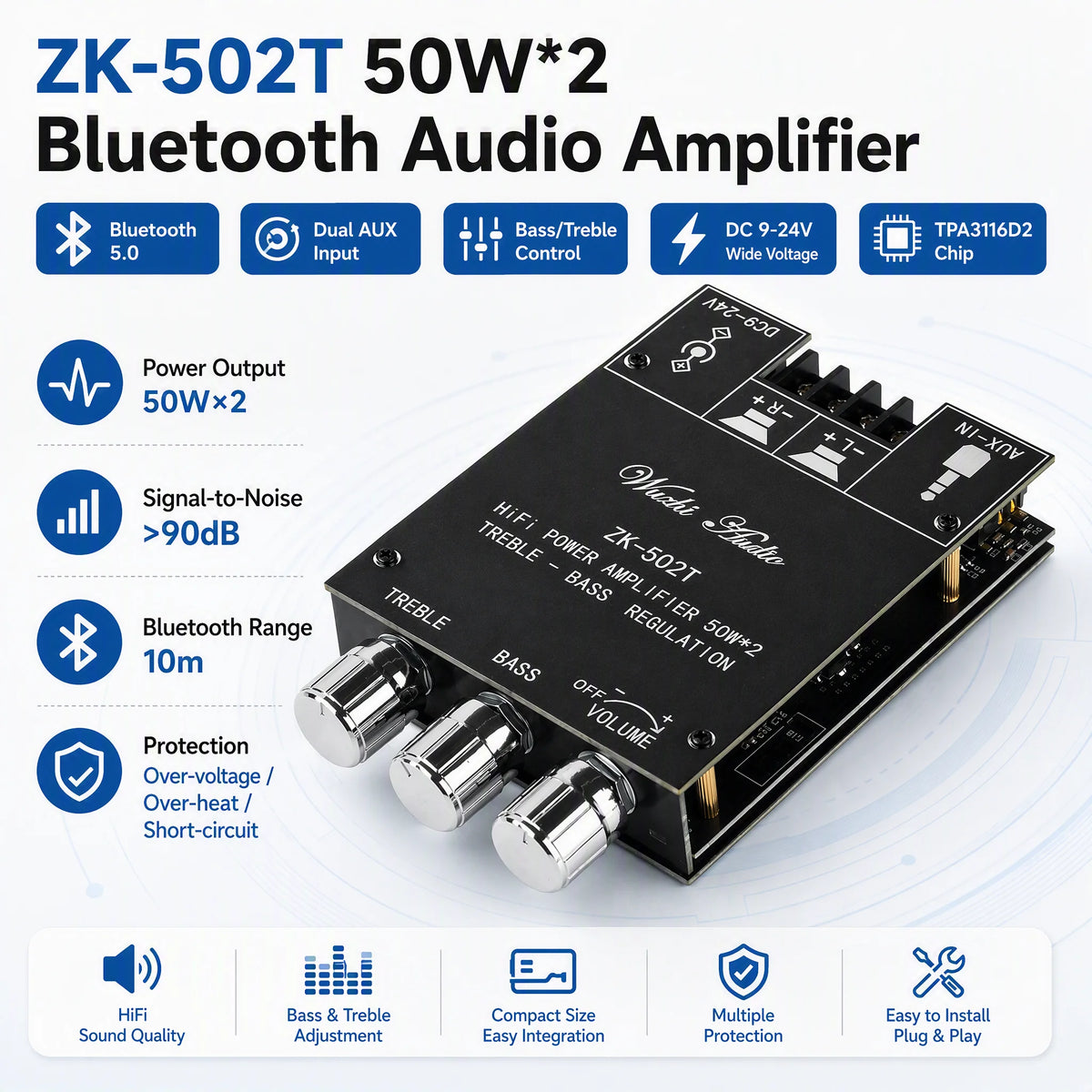ZK-502T Dual Channel Stereo Power Amplifier Module TPA3116D2 Chip 50Wx2 Bluetooth 5.0 AUX Input DC9-24V High Low Bass Adjustment Audio AMP Board for Speaker DIY
