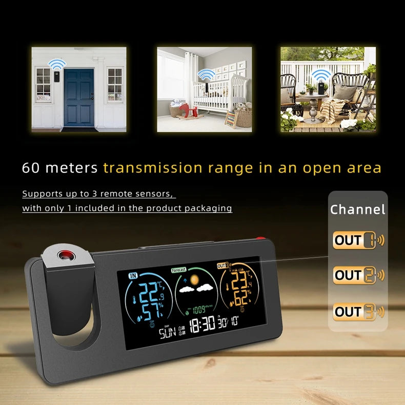 Digital Weather Projection Alarm Clock In/Outdoor Color Screen Temperature Humidity Meter Barometer Wireless Forecast Sensor