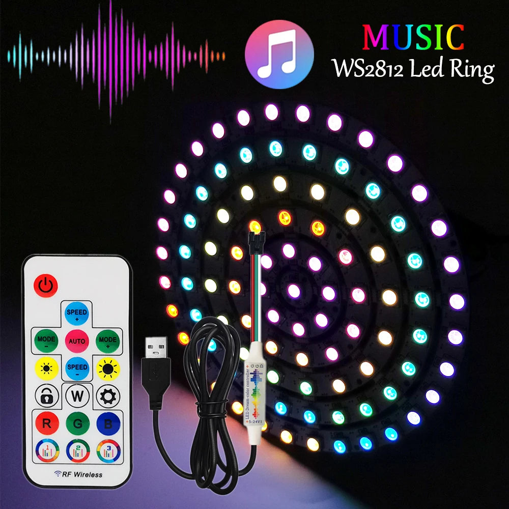 DC5V WS2812B DIY LED Ring 8 to 241 Pixels 5050 RGB Individually Addressable WS2812 Round Modules With 17Keys Music RF Controller