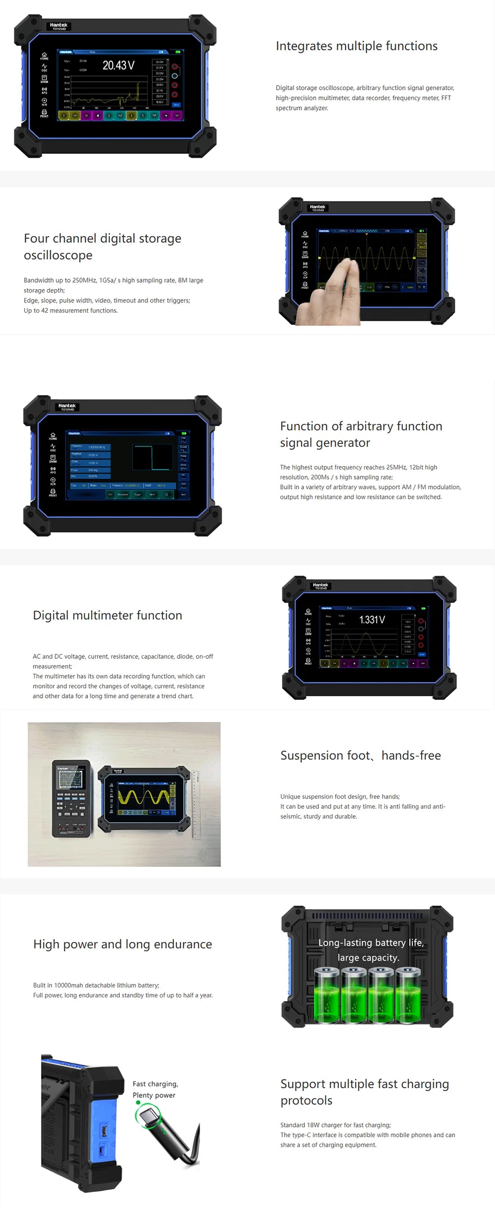 Hantek TO1254D TO1154D 4 Channels Touch Screen Digital Oscilloscope Portable USB Oscilloscopes + Signal Source+Multimeter Tester