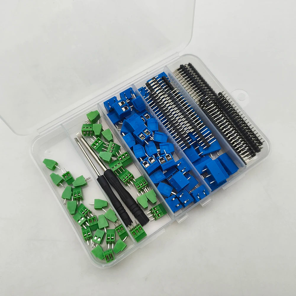 1Box KF128 KF301 PCB Screw Terminal Block Connector Kit 2.54mm 5mm Pitch 2Pin 3Pin 4Pin with Pin Header Screwdriver