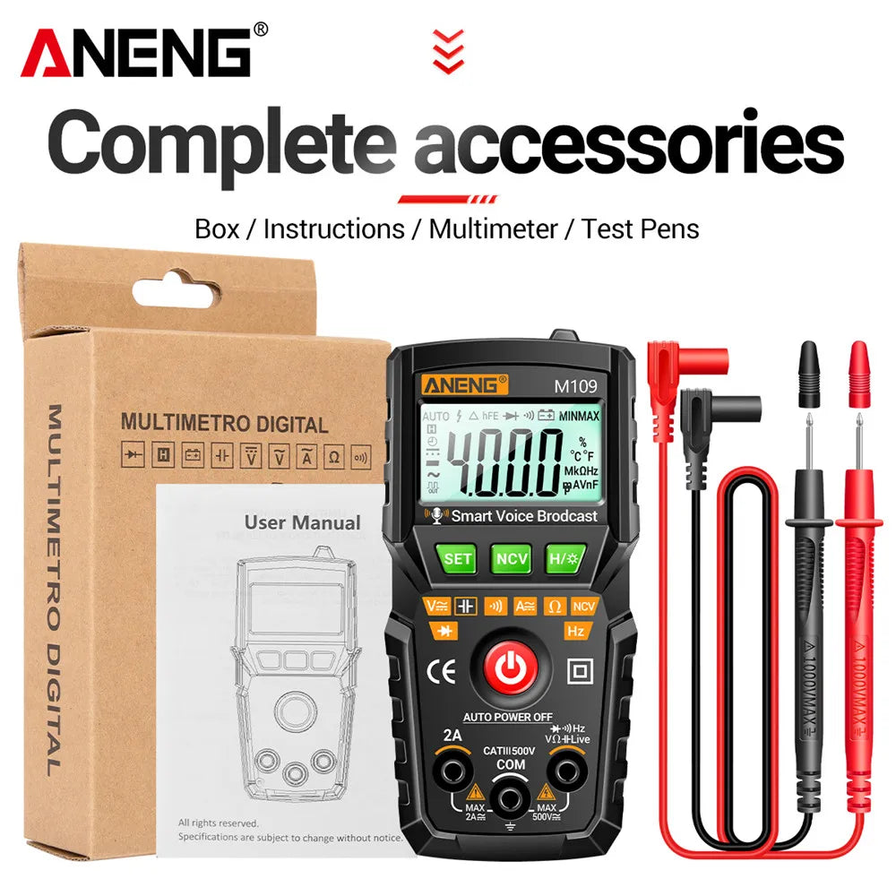 ANENG M109 Smart Multimeter Tester AC/DC Voltage Voice Broadcast Meter NCV Capacitance Continuity Professional Electrical Tools