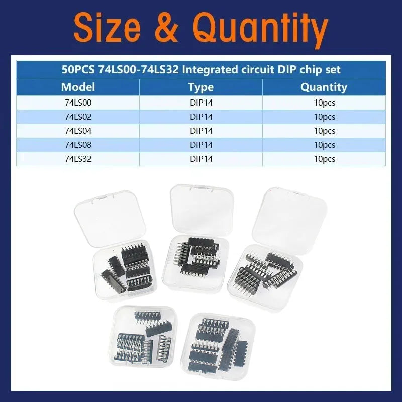 50pcs/box Logic IC Kit 74HC00 74HC02 74HC04 74HC08 74HC32 74LS00 74LS02 74LS04 74LS08 74LS32 DIP-14 74HC / 74LS Series Ic Kits
