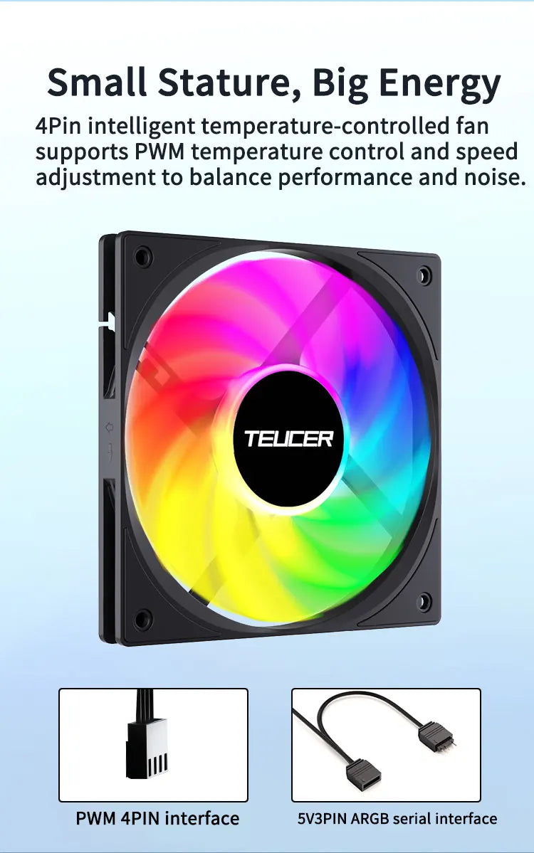 TEUCER ARGB CPU Case Fan 120mm Low Noise Ultra-thin Design 5V 3PIN Motherboard Lighting Sync PWM 800-2400RPM Case Cooler Fan