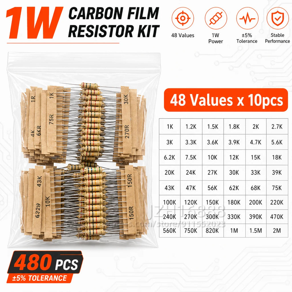 Carbon Film Resistor Kit 1/8W 1/4W 1/2W 1W 2W 3W 5W 5% 4 Band Through Hole Axial Lead Resistor DIY Electronic Components