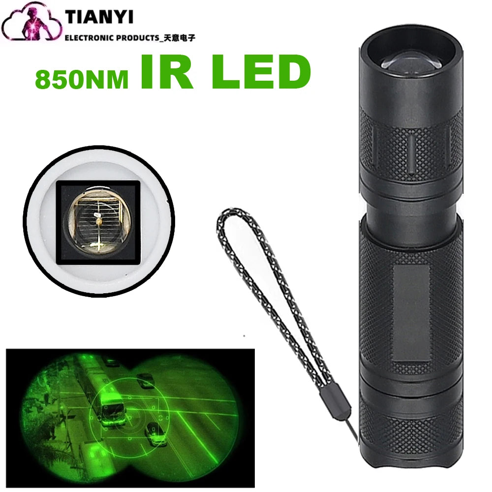 Professional Focus Night Vision Hunting Torch, Tactical Infrared Radiation Zoomable LED Flashlight, IR 850nm, 940nm, 10W