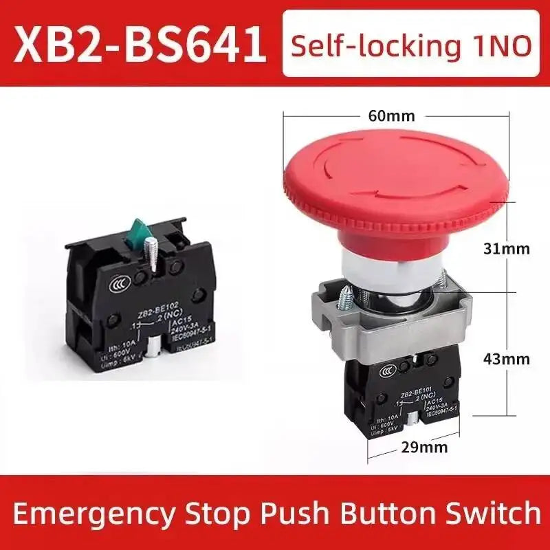 5pcs 22mm Mounting Emergency Stop Button Switch Self-locking XB2-BS545 Rotary Reset Mushroom Head NO NC Brass/Silver Contact