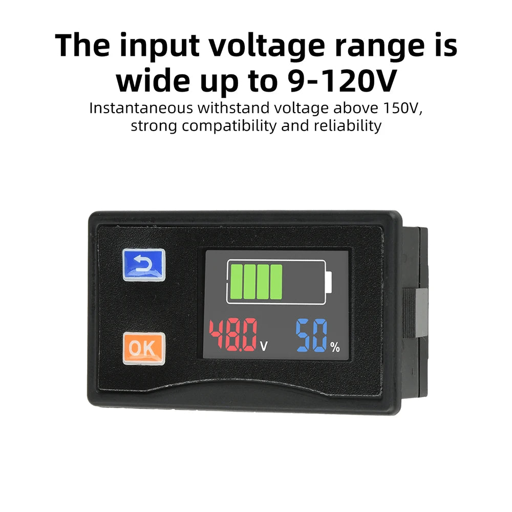DC 9V-120V 4-color screen Battery Capacity Indicator Lead Acid Lithium  Car Motorcycle Voltmeter Voltage Gauge 7-segment display