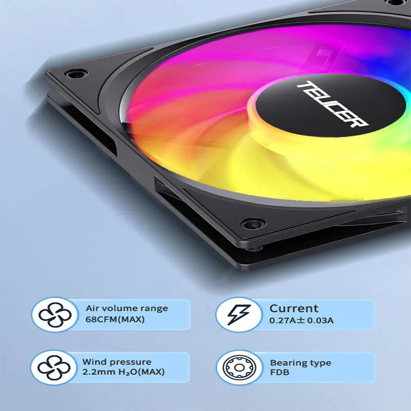 TEUCER ARGB CPU Case Fan 120mm Low Noise Ultra-thin Design 5V 3PIN Motherboard Lighting Sync PWM 800-2400RPM Case Cooler Fan