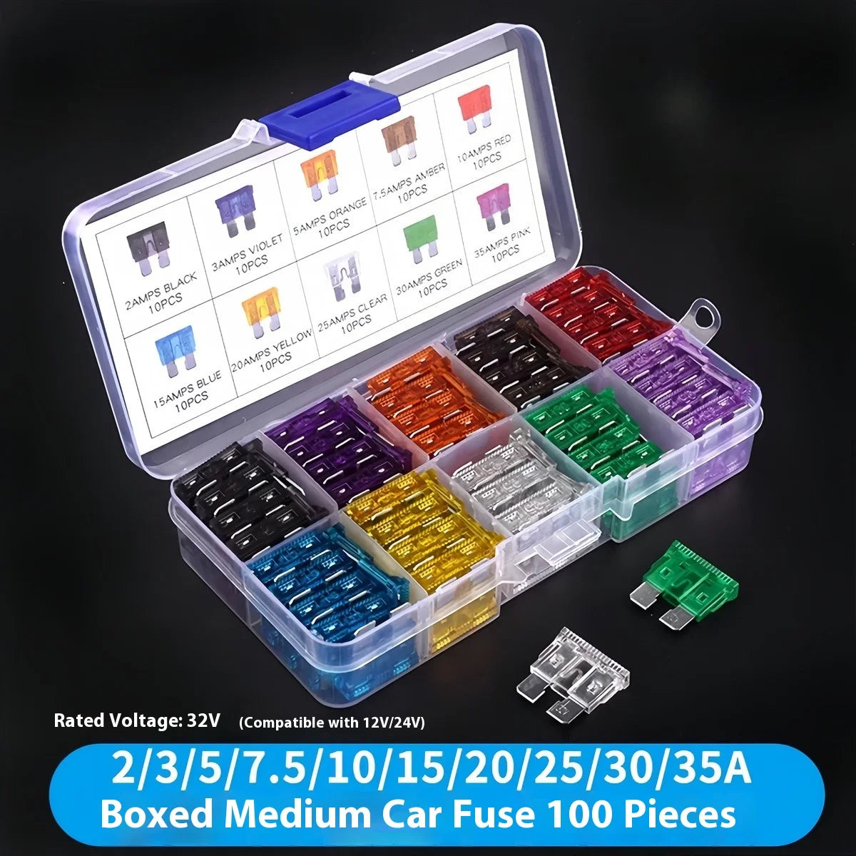 180Pcs 100pcs 50pcs Car Fuse Assortment Set Profile Middle Size Blade Type Fuse Auto Car Truck 2-35A Fuse with Box Clip
